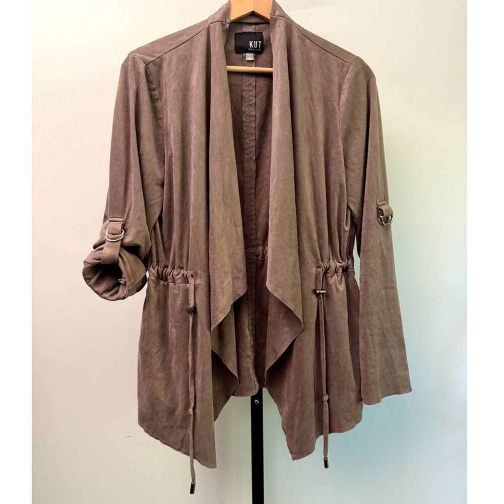KUT From The Kloth Faux Suede Open Front Jacket Cardigan Brown Medium Drawstring